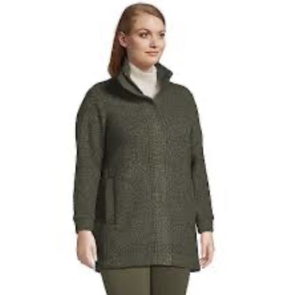 Lands' End Olive Green Cozy Bouclé Full‎ Zip Jacket Size Medium Petite 10-12 P